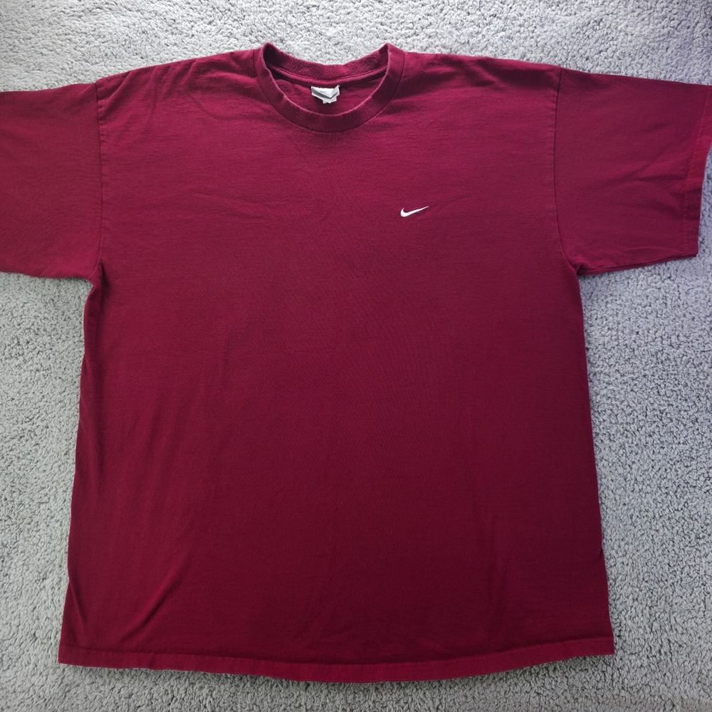 Vintage Nike Mens XXL T-Shirt Burgundy Maroon White Swoosh Logo 100% Cotton Y2K